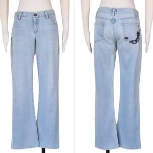 Low-rise distressed Goldsign "Envy" blue jeans w/pocket embroidery